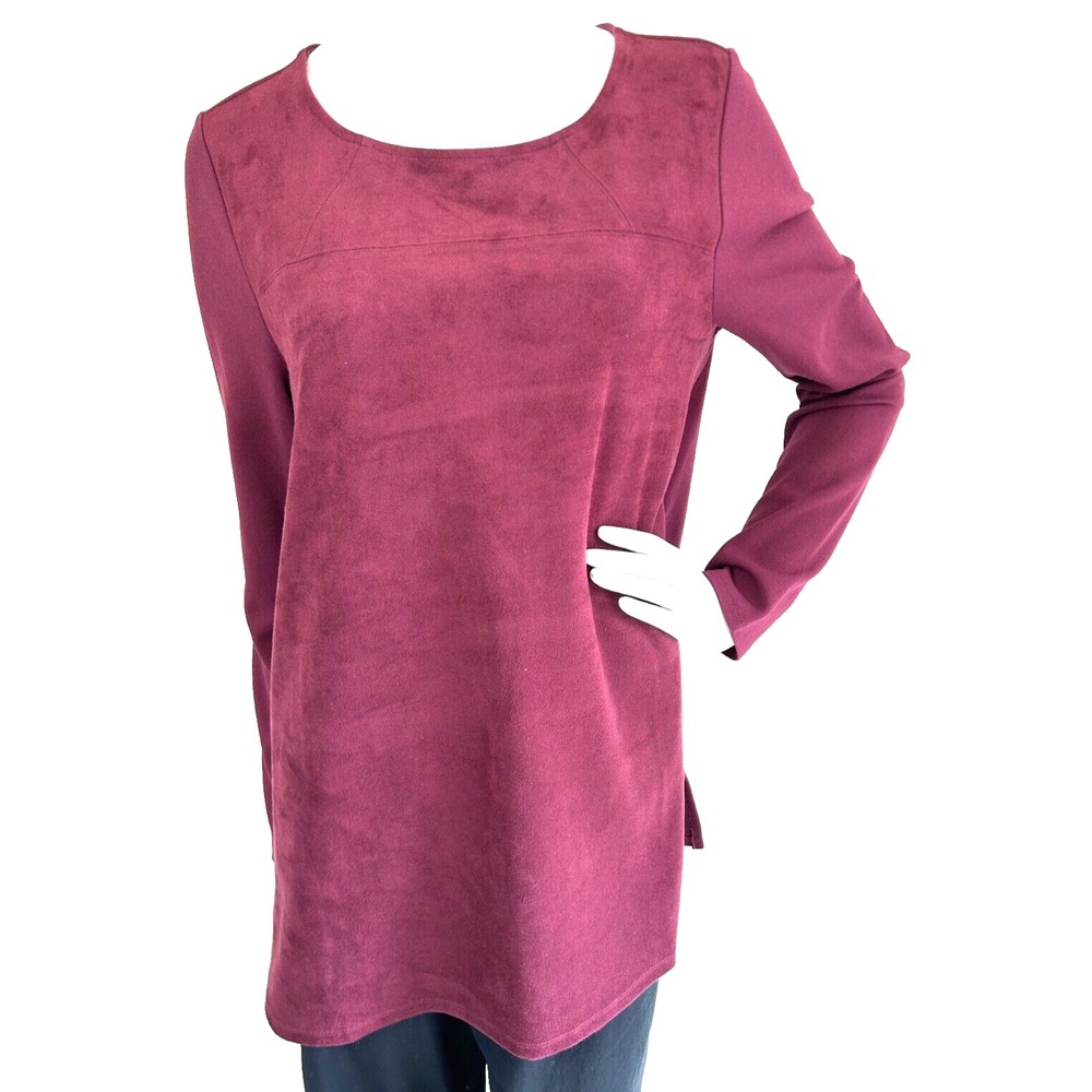 Chicos 1 Medium Faux Suede Tunic Blouse Maroon Long Sleeve Side Slit Top EUC